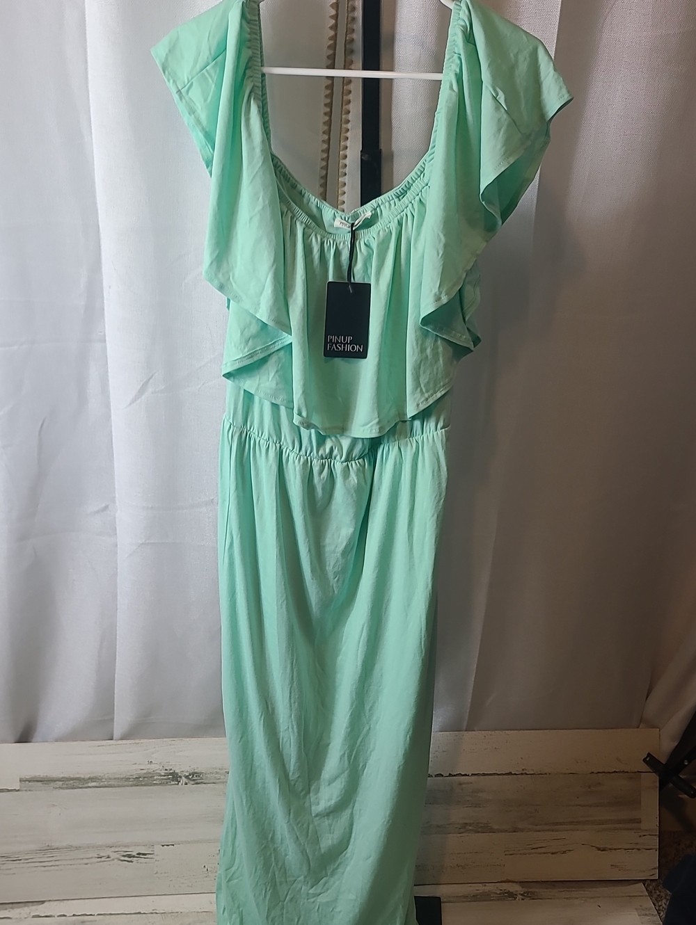 Pinup Fashion Teal/Mint Green Layered Ruffle Off-Shoulder Maxi Dresd 20w.  New